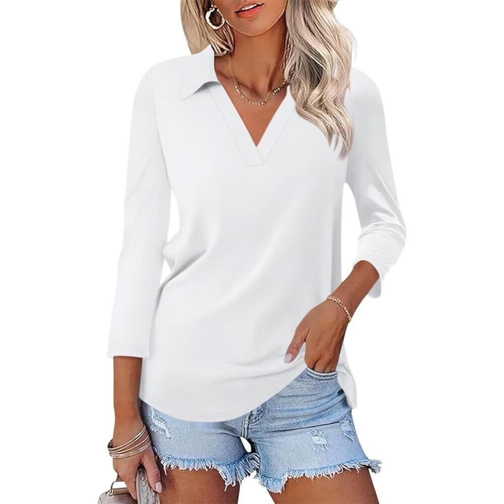 Women's 3/4 Sleeve Cotton Polyester Spandex Polo Shirt V Neck Casual Top